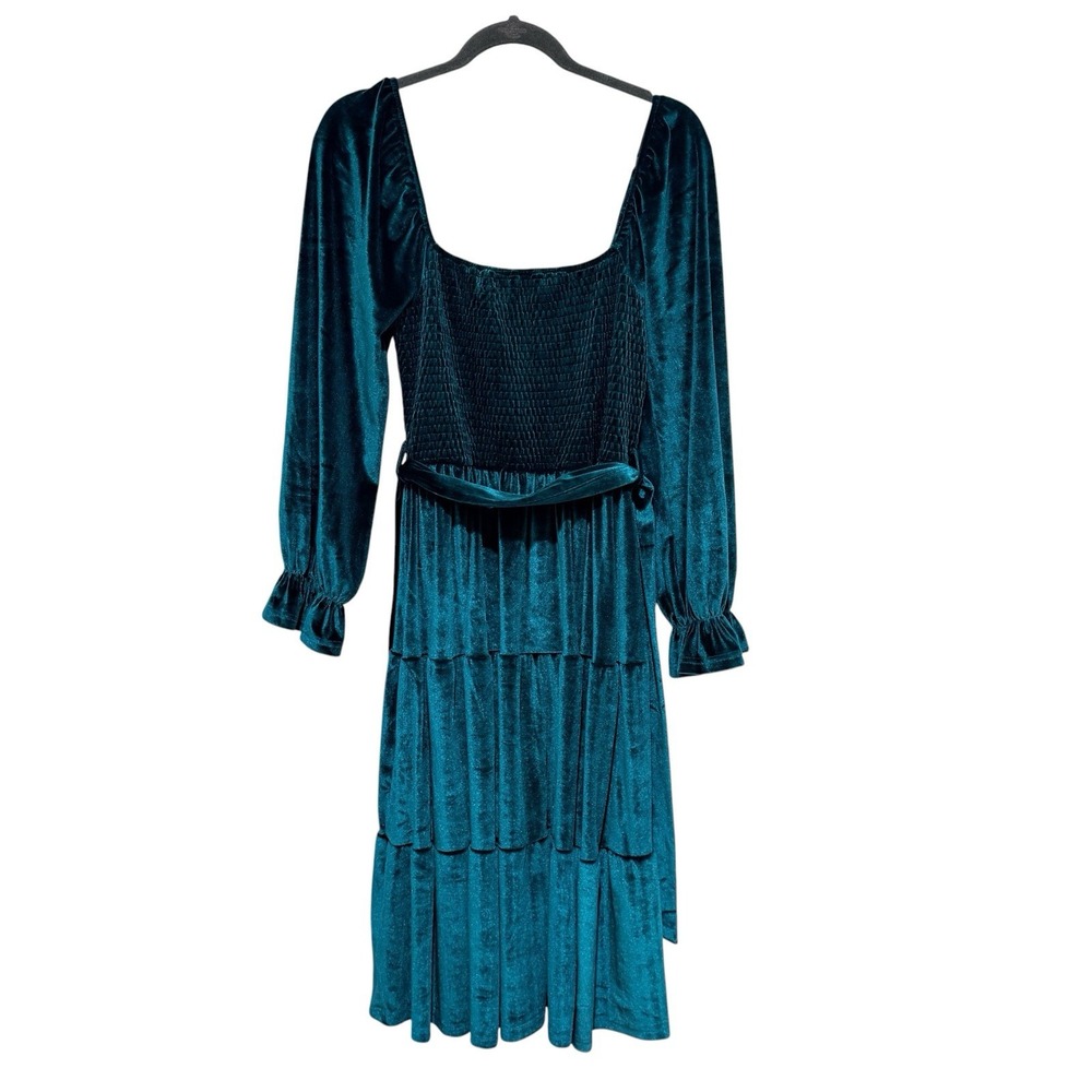 Teal Velvet Smocked Tiered Ruffled Puff Sleeves Dress S Whimsigoth Romantic